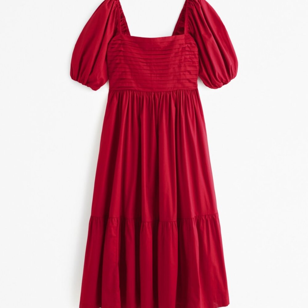 The A&F Emerson Poplin Puff Sleeve Midi Dress in red, XL